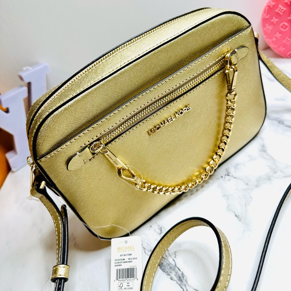 NEW! Michael Kors Jet Set Large Gold Saffiano Leather Crossbody Bag - Picture 7 of 13